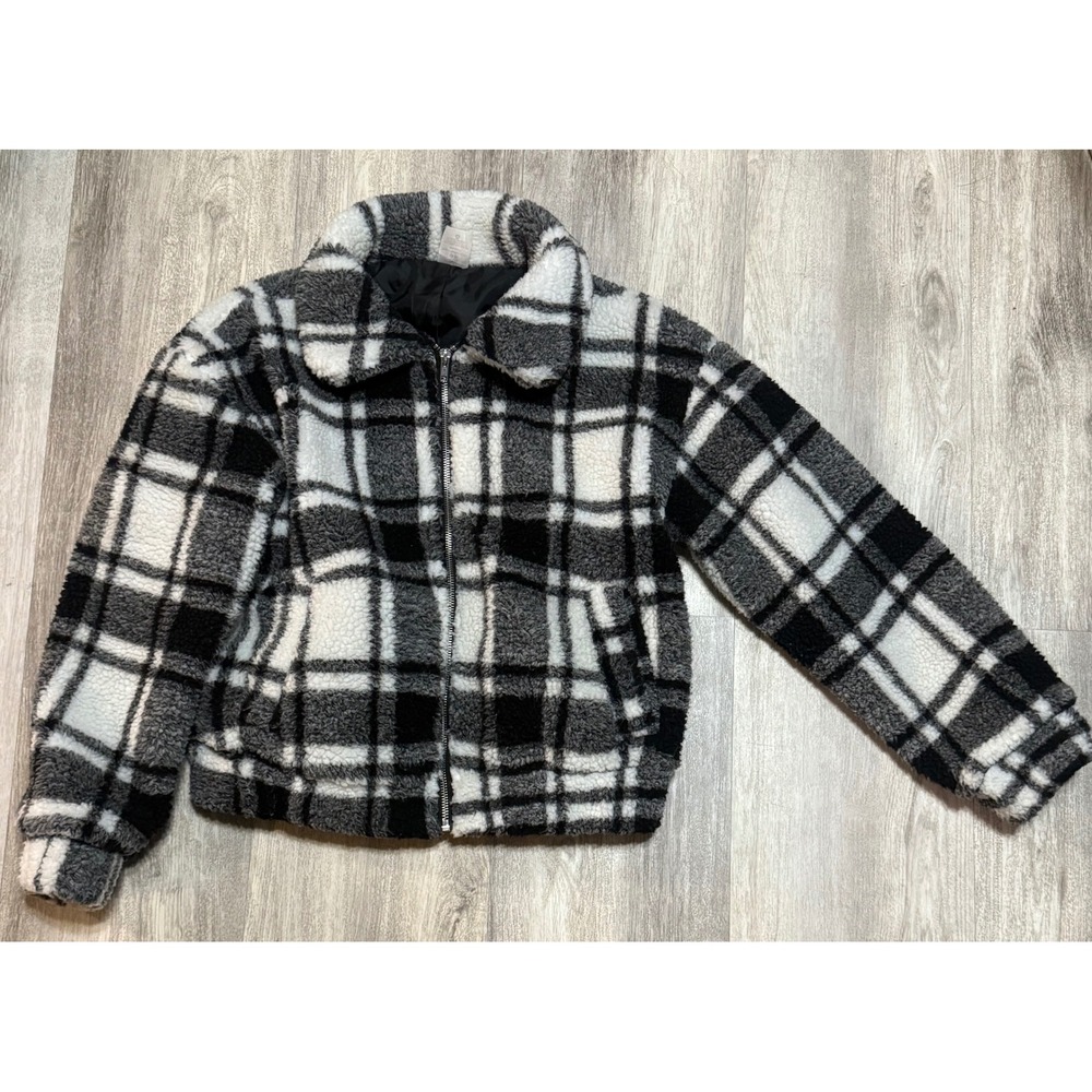 No Boundaries Womens Sherpa Jacket Black‎ White Plaid Zip Front Small